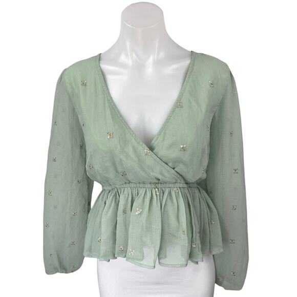 Lulus Green Long Sleeve Embellished Faux Wrap V Neck Peplum Blouse Top Size M - Picture 1 of 5